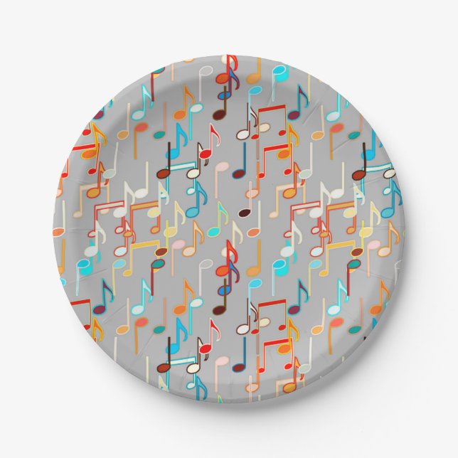 Musical Notes print - Medium Grey, Multi Paper Plate (Front)