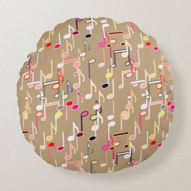 Musical Notes print - taupe tan, multi Round Pillow (Front)