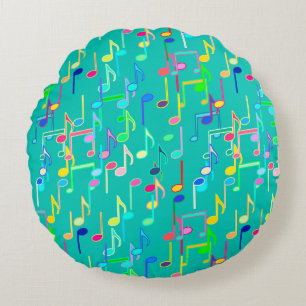 Musical Notes print - turquoise, multi Round Pillow