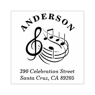 Musical Notes Round Family Name Return Address Rubber Stamp