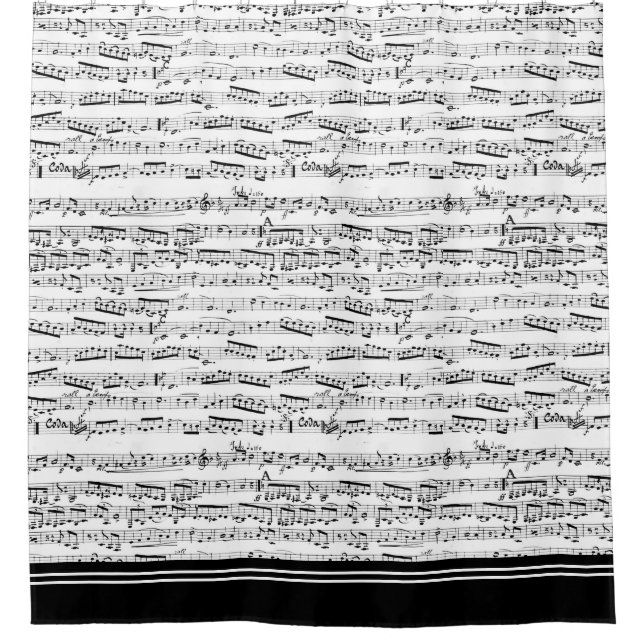 Musical notes shower curtain with black trim (Front)