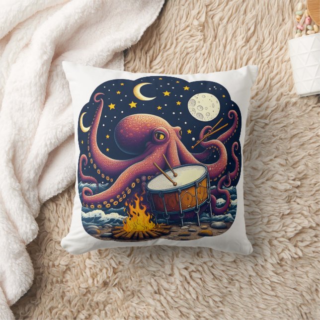 Musical Octopus Drumming by the Campfire at Night Throw Pillow (Blanket)