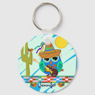 Musical Owl with Guitar & Sombrero, custom Name Keychain