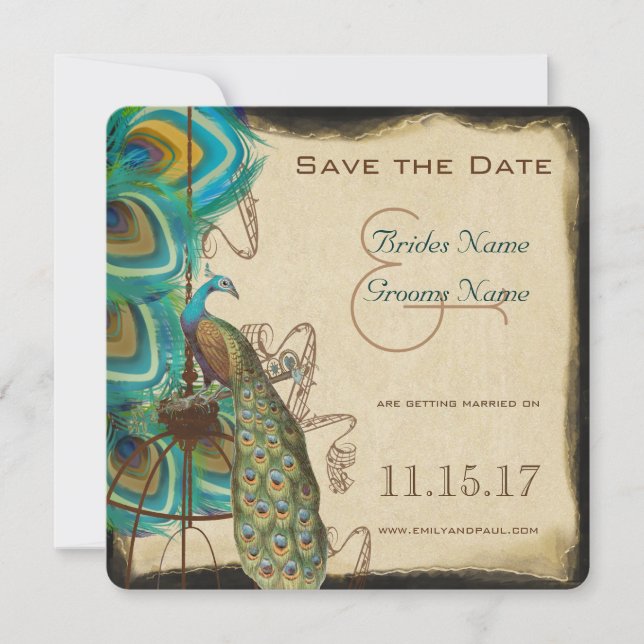 Musical Peacock Bird Cage Feather Save the Date (Front)