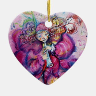 MUSICAL PINK CLOWN Heart Ceramic Ornament