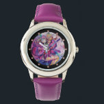 MUSICAL PINK CLOWN WATCH<br><div class="desc">Colourful,  whimsical, funny pink clown playing bugle with an expressive owl and joyful musical notes, flowers, leaves in vibrant red, fuchsia, violet, purple, blue, white colours,  watercolor painting by Bulgan Lumini (c)</div>