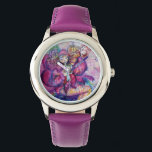 MUSICAL PINK CLOWN WATCH<br><div class="desc">Colourful, whimsical, funny pink clown playing bugle with an expressive owl and joyful musical notes, flowers, leaves in vibrant red, fuchsia, violet, purple, blue, white colours, watercolor painting by Bulgan Lumini (c)</div>