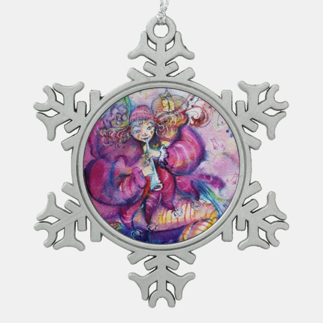 MUSICAL PINK CLOWN WITH OWL SNOWFLAKE PEWTER CHRISTMAS ORNAMENT (Front)