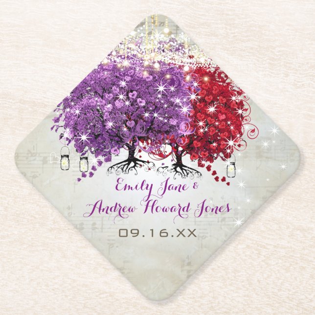 Musical Purple Red Heart Leaf Tree Wedding Paper Coaster (Front)