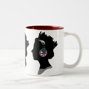 MUSICAL QUEEN ELIZABETH WITH UNION JACK HEADPHONES Two-Tone COFFEE MUG
