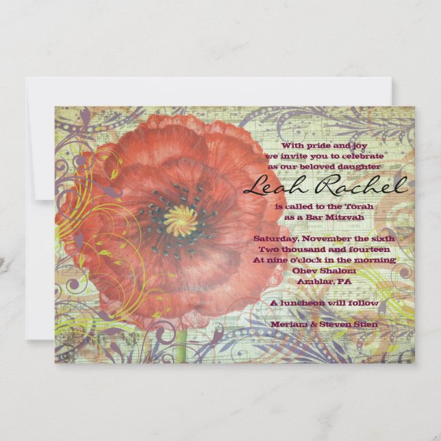 MUSICAL RED POPPY Bat Mitzvah Invitation (Front)