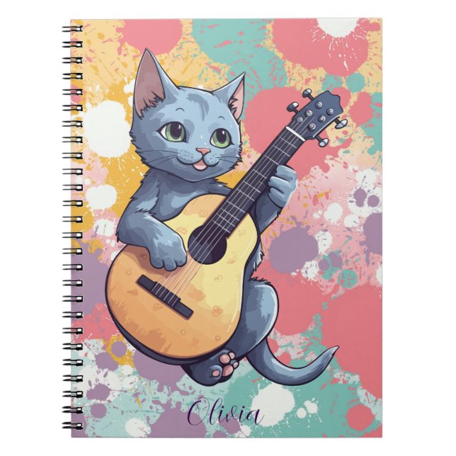 Musical Russian Blue Cat Notebook with Guitar  (Front)