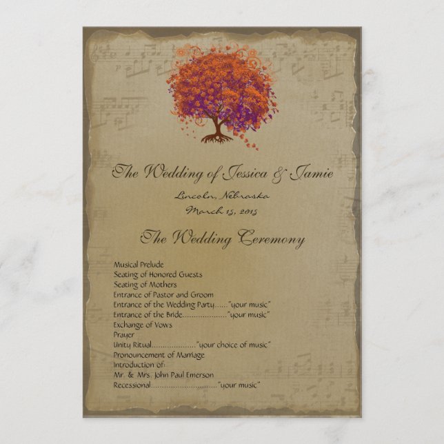 Musical Rustic Forest Red Heart Tree Wedding  Program (Front)
