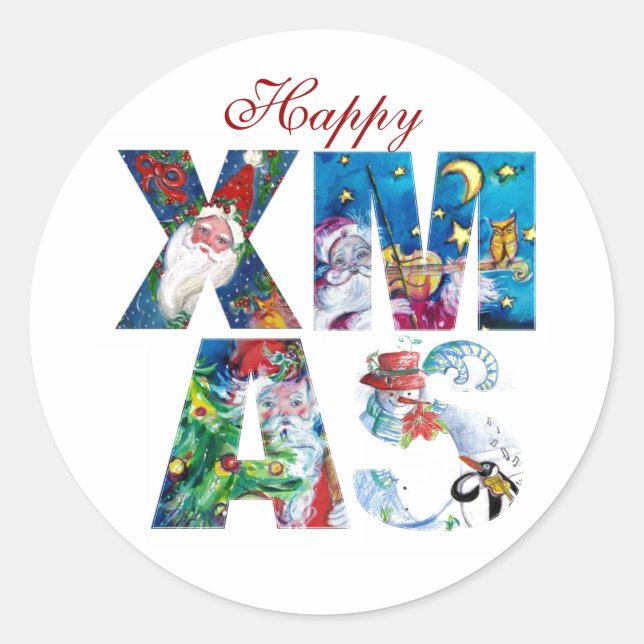 MUSICAL SANTA  AND SNOWMAN  XMAS NIGHT PARTY  CLASSIC ROUND STICKER (Front)