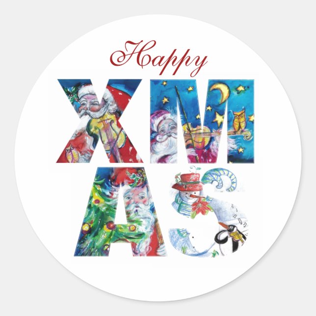 MUSICAL SANTA  AND SNOWMAN  XMAS NIGHT PARTY  CLASSIC ROUND STICKER (Front)