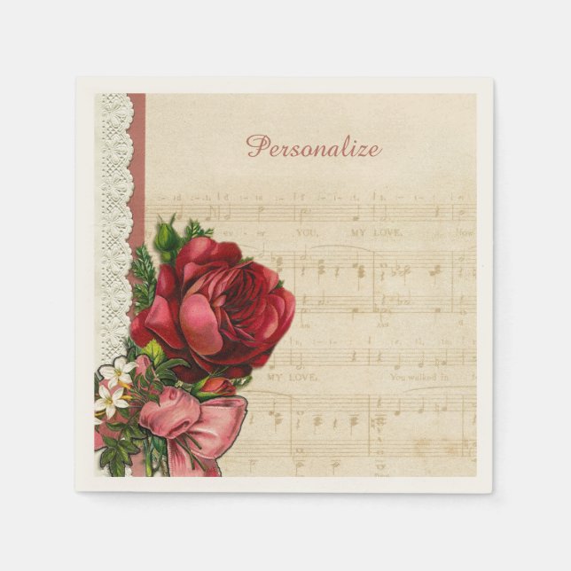 Musical Sheet Music Roses & Lace Party Personalize Napkin (Front)