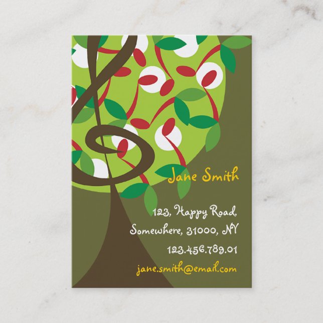 Musical Treble Cherry Notes Tree Whimsical Nature Business Card (Front)