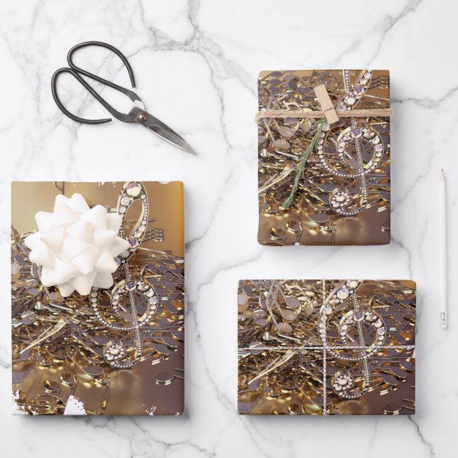 Musical treble clef and falling notes wrapping paper sheet (Front)