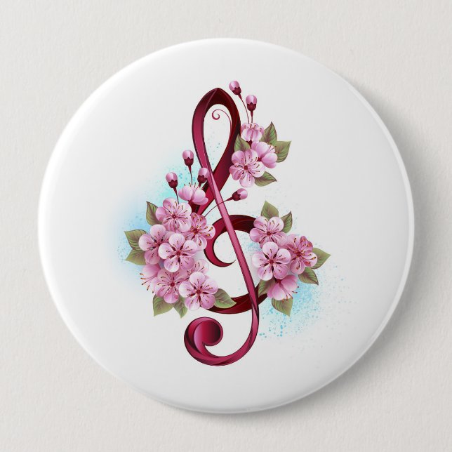 Musical treble clef notes with Sakura flowers 4 Inch Round Button (Front)