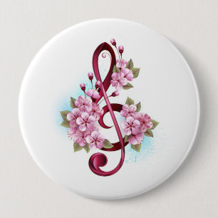 Musical treble clef notes with Sakura flowers 4 Inch Round Button