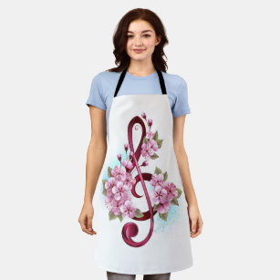 Musical treble clef notes with Sakura flowers Apron