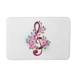 Musical treble clef notes with Sakura flowers Bath Mat