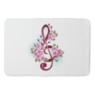 Musical treble clef notes with Sakura flowers Bath Mat