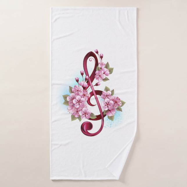Musical treble clef notes with Sakura flowers Bath Towel (Bath Towel)