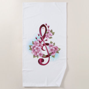 Musical treble clef notes with Sakura flowers Beach Towel