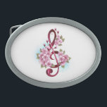 Musical treble clef notes with Sakura flowers Belt Buckle<br><div class="desc">Pink treble clef with delicate,  detailed pink Japanese cherry blossoms against white background painted over with light blue paint. Blooming pink sakura.</div>