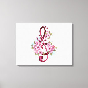 Musical treble clef notes with Sakura flowers Canvas Print