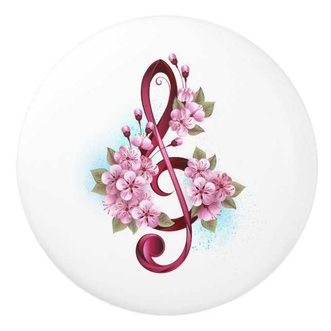 Musical treble clef notes with Sakura flowers Ceramic Knob (Front)