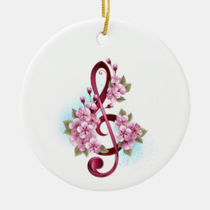 Musical treble clef notes with Sakura flowers Ceramic Ornament