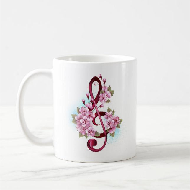 Musical treble clef notes with Sakura flowers Coffee Mug (Left)