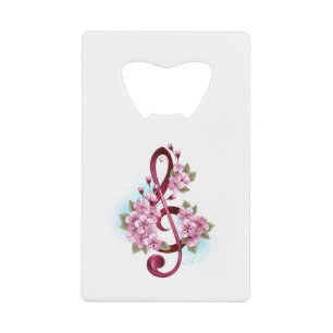 Musical treble clef notes with Sakura flowers Credit Card Bottle Opener