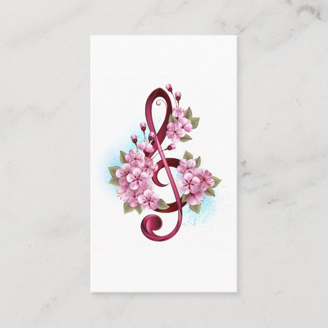 Musical treble clef notes with Sakura flowers Discount Card (Front)