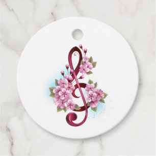 Musical treble clef notes with Sakura flowers Favour Tags