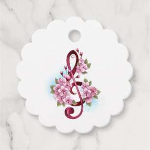 Musical treble clef notes with Sakura flowers Favour Tags