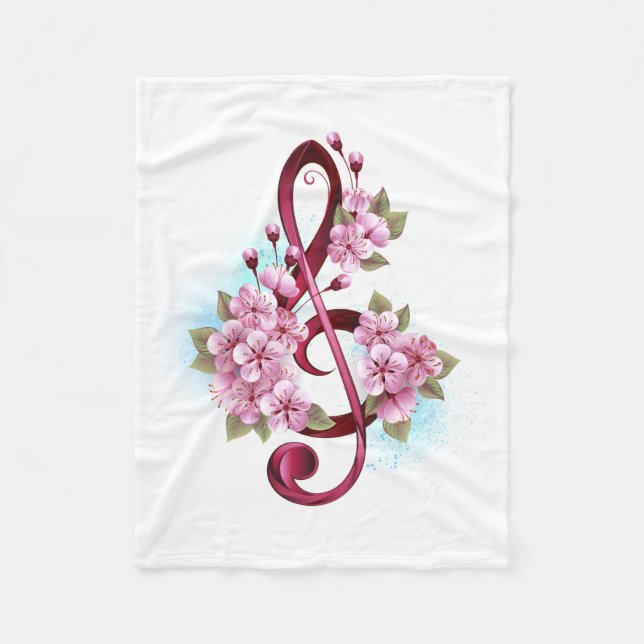 Musical treble clef notes with Sakura flowers Fleece Blanket (Front)