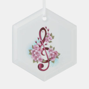 Musical treble clef notes with Sakura flowers Glass Ornament