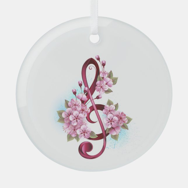 Musical treble clef notes with Sakura flowers Glass Ornament (Front)