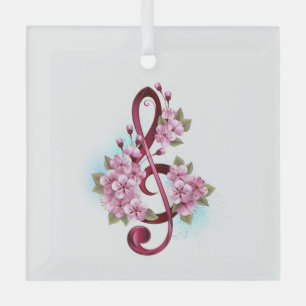Musical treble clef notes with Sakura flowers Glass Ornament