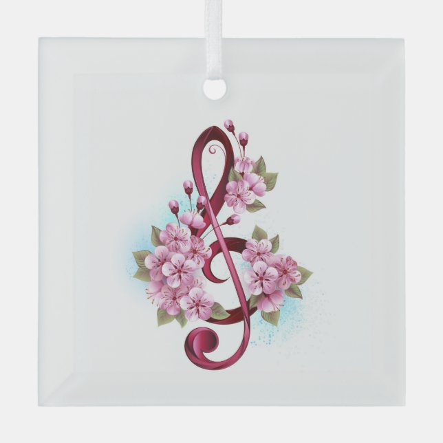 Musical treble clef notes with Sakura flowers Glass Ornament (Front)