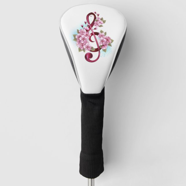 Musical treble clef notes with Sakura flowers Golf Head Cover (Front)