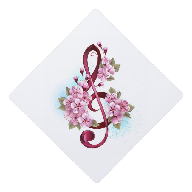 Musical treble clef notes with Sakura flowers Graduation Cap Topper (Front)