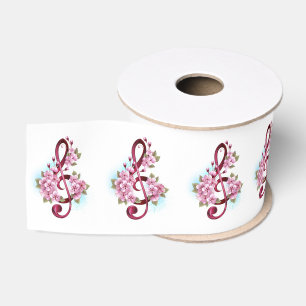 Musical treble clef notes with Sakura flowers Grosgrain Ribbon