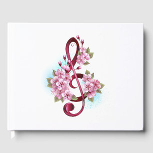 Musical treble clef notes with Sakura flowers Guest Book
