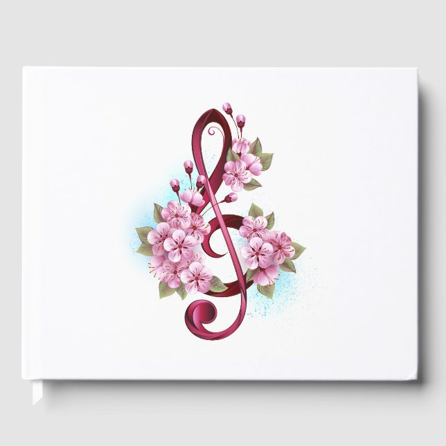 Musical treble clef notes with Sakura flowers Guest Book (Front)