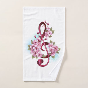 Musical treble clef notes with Sakura flowers Hand Towel