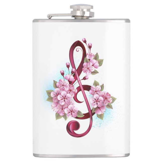 Musical treble clef notes with Sakura flowers Hip Flask (Front)
